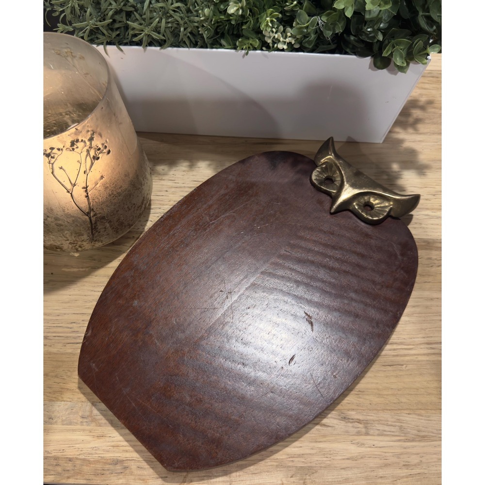 Vintage Owl Wood & Brass Food Serving Board / Cheeseboard
